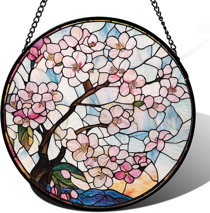 Stained Glass Window Hanging - Cherry Blossoms Suncatcher for Door Garden Home Decor Pink Flowers Sun Catcher Christmas Birthday for Friend Lovers Women Mom Nana 15 in