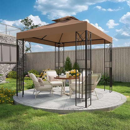 COOS BAY 8x8 Outdoor Patio Gazebo with Corner Shelves, Two-Tier Soft Top Canopy for Backyard, Lawn, Deck and Garden, Brown