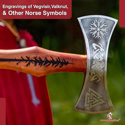 Armory Replicas™ Viking Raider Double Bitted War Axe - Hand Crafted Tempered Carbon Steel Norse Inspired Battle Axe w/Genuine Leather Sheath