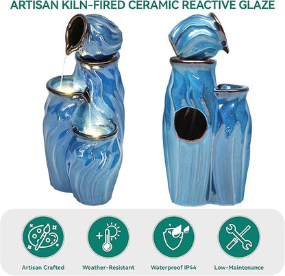 29" Ceramic Outdoor Fountain with Lights, 4-Tier Pots Waterfalls Patio Water Fountain, Tranquil Oasis for Relaxing Garden, Yard, or Porch Decor, Turquoise, Dynamic Wave-Texture