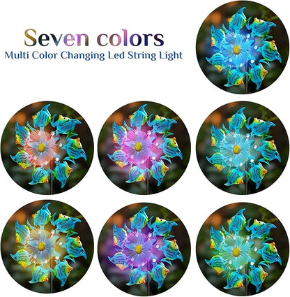 Tropical Fish Solar Wind Spinner Outdoor,51'' Windmill Ocean Theme with Gem Decor Color Changing LED Light Kinetic Wind Sculpture Garden Stakes Yard Art for Patio,Pathway,Lawn,Swimming Pool