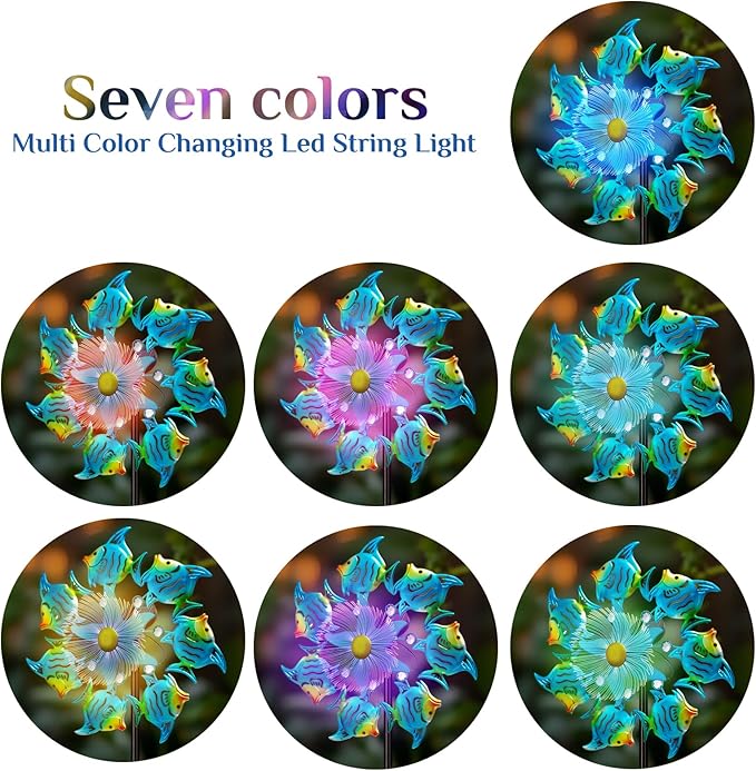 Solar Wind Spinners Outdoor, 51" Waterproof Metal Stake Tropical Fish Sculpture with 7 Color LED Lights 360° Rotating Kinetic Solar Windmill for Yard Garden Lawn Patio Decor