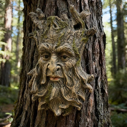 Moss Tree Face Sculpture, Funny Moss Cap Old Man Tree Hugger Statue, Indoor & Outdoor Creative Props for Garden and Home,9" x 7" x 2.4"