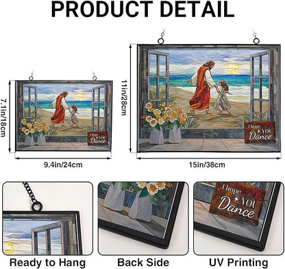 Rectangle I Hope You Dance Christian Stained Glass Sun Catcher, Wall Hanging Colored Decor Room Outdoor Window Decor, Halloween, Christmas Hanging Ornament Mother Day