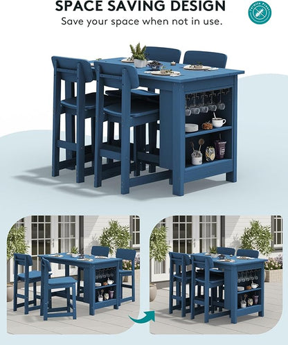 SERWALL Outdoor Bar Table, All Weather HDPE 36" Counter Height Dining Table with Storage and Wine Rack for Patio, Garden, Backyard, Balcony, Poolside, Blue