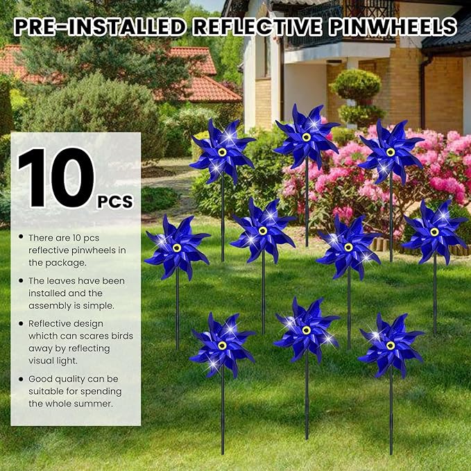10 PCS Reflective Pinwheels for Yard and Garden Bird Devices Pre-Installed Sparkly Wind Spinner Deterrent to Scare Birds Away from Yard Patio Farm (Blue)
