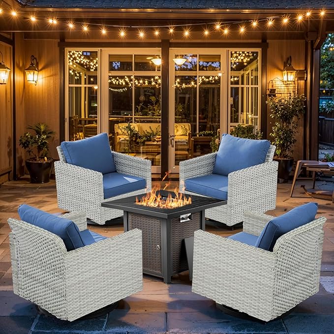 Wicker Outdoor Swivel Chairs Set of 4 with Fire Pit Table, 5 Pieces Patio Furniture Set with Fire Pit Table for Yard, Deck, Garden, Light Beige/Blue