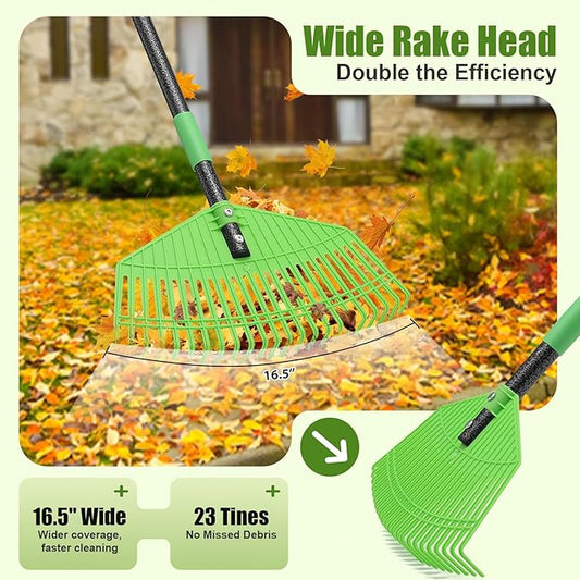 Plastic Leaf Rake with Adjustable 65'' Handle - Lightweight Outdoor Yard Rakes for Leaves,Grass & Pine Needle,Mulch,Gentle On Lawn Garden - Easy to Use for Women,Seniors & Kids