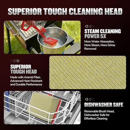Steam Grill Brush Bristle Free, Safe Cleaning BBQ Grill Brush with Scraper, Replaceable & Dishwasher-Safe Scrub Head, Grill Cleaner Tool with Durable Ergonomic Handle, Red