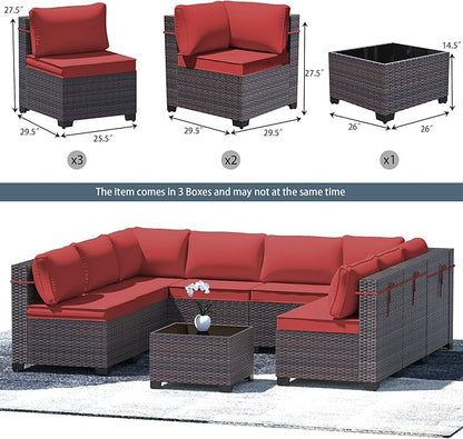 Outdoor Patio Furniture Set, 9 Pieces Outdoor Furniture All Weather Patio Sectional Sofa PE Wicker Modular Conversation Sets with Coffee Table,8 Chairs & Seat Clips(Red)