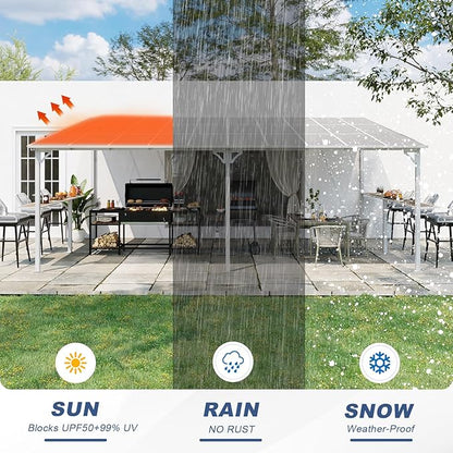 MEISSALIVVE 12' x 20' Wall Mounted Gazebo, Outdoor BBQ Grill Gazebo with Side Shelf, Lean to Metal Awnings with Sloped Roof, Heavy Duty Pergola for Backyard, Deck, White