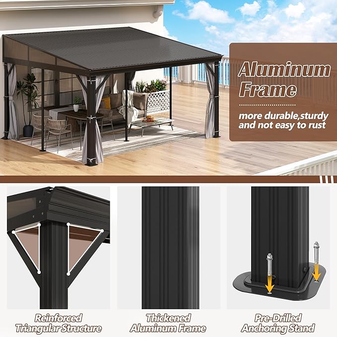 12' x 14' Hardtop Wall Mounted Gazebo, Lean to Gazebo with Galvanized Steel Roof Aluminum Frame Wall Gazebos Pergola with Netting&Curtains for Outdoor, Backyard, Patio
