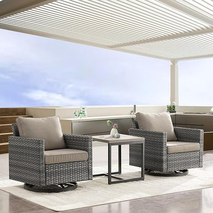 Outdoor Rocker Chairs - Patio Swivel Chair Set, Two Wicker Chairs with One Side Table, Grey
