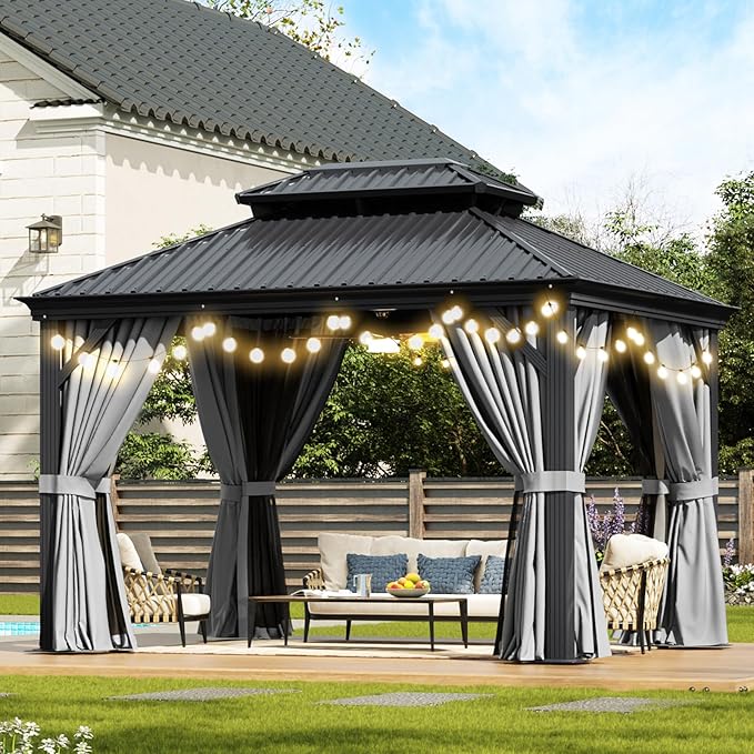 Aoxun 10' X 12' Hardtop Gazebo with Drainage System, Aluminum Outdoor Gazebo with Galvanized Steel Double Roof, Patio Permanent Metal Pavilion and LED Waterproof Hanging Lights, Easy Assemble