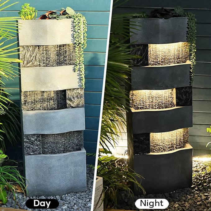 40.5''H Garden Water Fountain Outdoor,4 Tiered Floor Standing Waterfall Outdoor Fountains with LED Lights for Garden, Patio, Backyard, Deck, Porch and Home Art Decor