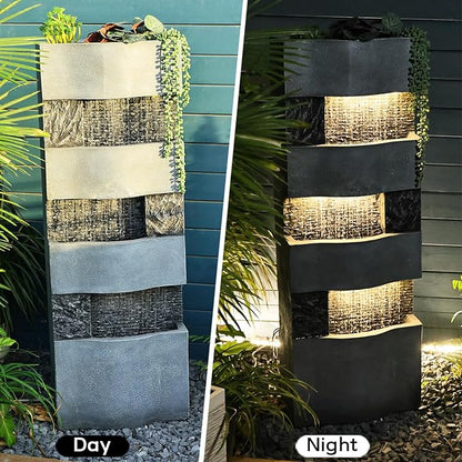 40.5''H Garden Water Fountain Outdoor,4 Tiered Floor Standing Waterfall Outdoor Fountains with LED Lights for Garden, Patio, Backyard, Deck, Porch and Home Art Decor