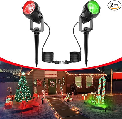L LOHAS LED Red and Green Christmas Spotlight Outdoor, Auto On/Off 5W Landscape Lighting, 120V IP66 Waterproof Spot Lights for Yard House Holiday Trees Decoration, UL Listed, 2 Pack