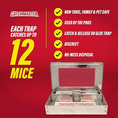 Catchmaster Multi-Catch Mouse Trap 6-Pack, Humane Mouse Traps Indoor for Home, Includes Replaceable Glue Board, Live Catch Pest Control for Garage & Shed