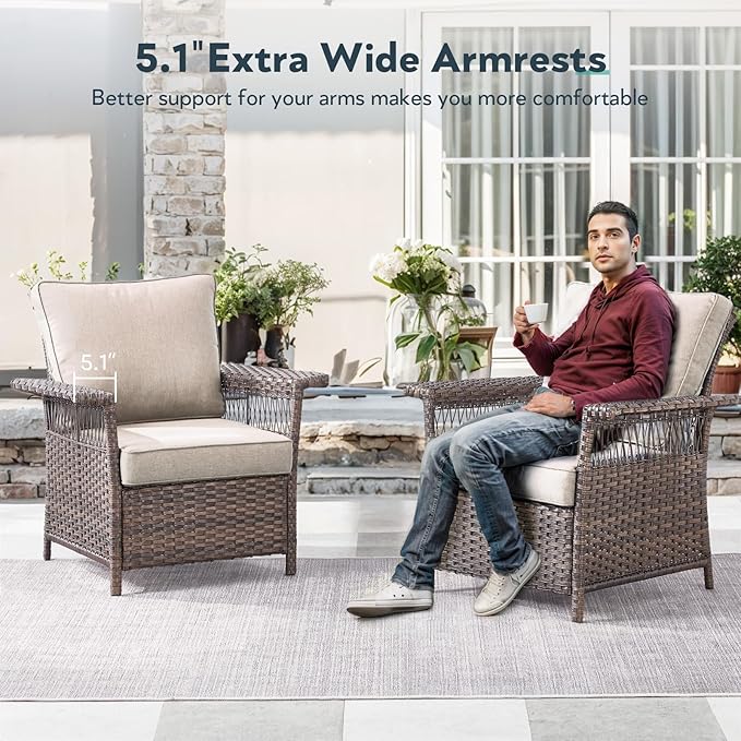 4 Pieces Wicker Patio Furniture Set - Hollow Widen Armrests Comfy Outdoor Rattan Chairs with Ottomans, Small Patio Convention Set for Balcony Porch Deck and Yard - Brown/Beige