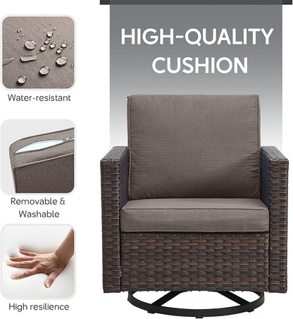 7 Piece Wicker Patio Furniture Set - Outdoor Swivel Rocker Chairs Set with Coffee Table, Side Table, 3 Seat Sofa & Ottomans, Small Patio Conversation Sets for Balcony Deck - Brown/Grey