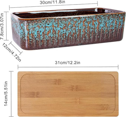 Succulent Pots - 12 Inch Large Succulent Planters with Drainage Tray, Window Sill Planter, Long Rectangle Ceramic Pots for Indoor Cactus Plants Shallow Bonsai Window Box for Home Garden Decor