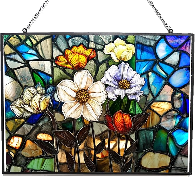 Customized Rectangle Lotus in The Lake Stained Glass Window Hanging, Stained Glass Suncatcher for Women, Window Decor Perfect Home Décor