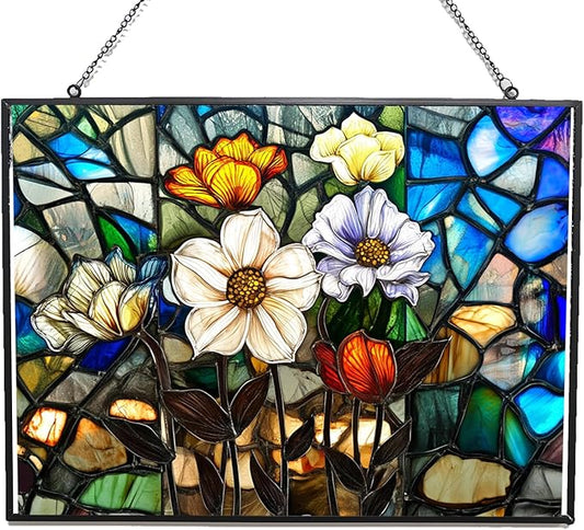 Customized Rectangle Lotus in The Lake Stained Glass Window Hanging, Stained Glass Suncatcher for Women, Window Decor Perfect Home Décor