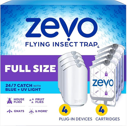Zevo 4 Flying Insect Traps & 4 Cartridges - Plug In Fly Trap & Indoor Bug Catcher for Gnats, House & Fruit Flies - Mess-Free - Use in Any Room - Uses Blue & UV Light (4 Plug In Devices & 4 Cartridges)