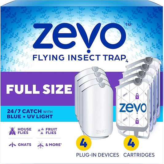 Zevo 4 Flying Insect Traps & 4 Cartridges - Plug In Fly Trap & Indoor Bug Catcher for Gnats, House & Fruit Flies - Mess-Free - Use in Any Room - Uses Blue & UV Light (4 Plug In Devices & 4 Cartridges)