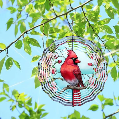3D Cardinal Wind Spinner 3D Bird Spinners with Flower for Yard and Garden 3D Stainless Steel Cardinal Spinner with Unique Visual Effect Perfect Garden Decoration and Gift 10Inch