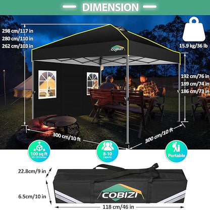 COBIZI 10x10 Pop up Canopy Tent with Sidewalls,One Person Setup, Waterproof,3 Adjustable Height,Outdoor Commercial Gazebo with Air Vent, Reflective Strip,4 Sandbags for Garden,Party, Beach,(Black)