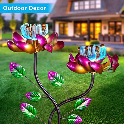 55'' Solar Powered Kinetic Wind Spinner Sculpture Pink Lotus Metal Stake Spinner for Patio, Lawn and Garden Decor Weather-Resistant Outdoor Art with Dual Lotus Design