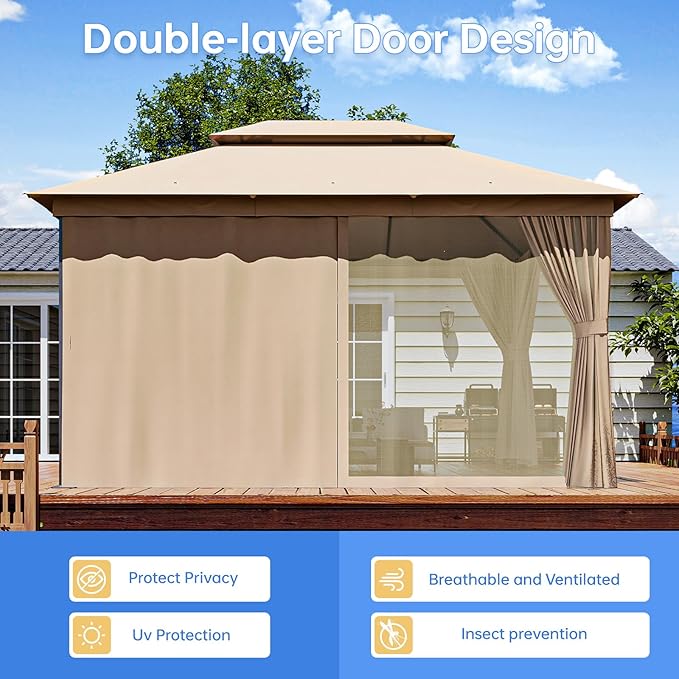Outdoor Gazebo Metal Frame Patio Pergola Double Roofs Patio Canopy with Double-Layer Door and Mosquito Netting for Deck, Backyard, Lawn (Beige, 10x13FT)