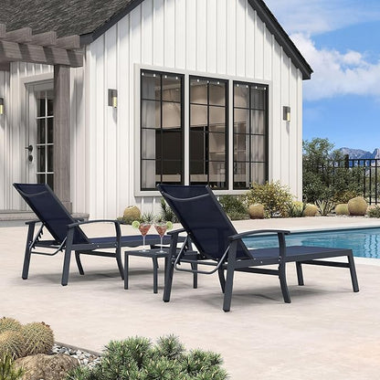 PURPLE LEAF Chaise Lounge Chair Outdoor 2 Pieces Pool Lounge Chairs 5 Adjustable Position with Armrests and Side Table Aluminum Patio Lounge Chair for Outside Backyard Beach Pool, Deep Blue
