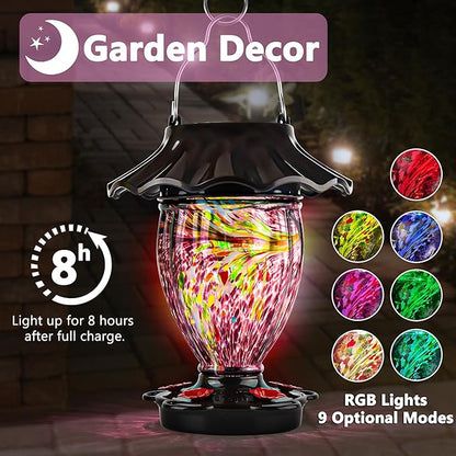 LUJII Solar Powered Hummingbird Feeder for Outside Hanging, Trophy Shaped Hand Blown Glass, Weatherproof, Lighted Lantern for Garden Decor, 32 fl.oz, Never Leak, Unique Gift for Bird Lover(Purple)