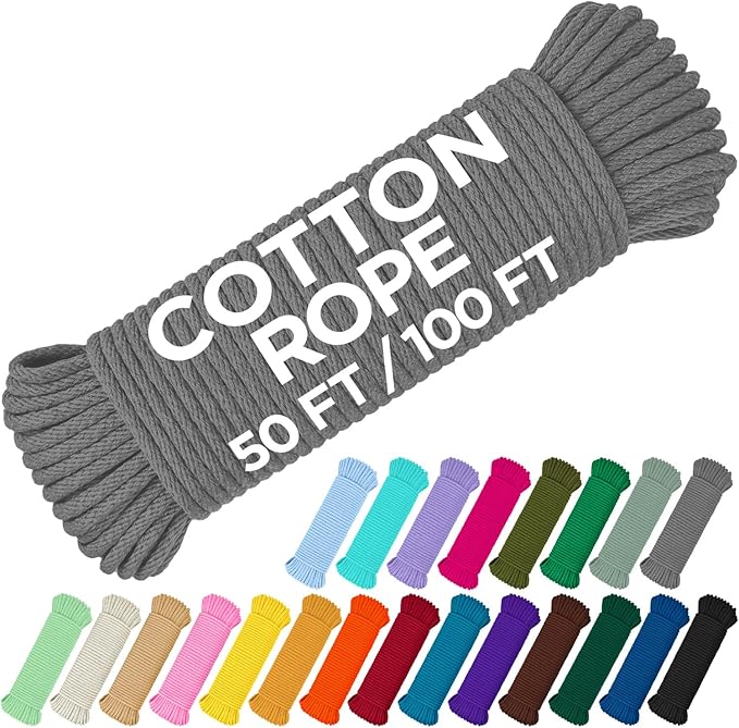 TECEUM Cotton Rope 3/16” (5 mm) – 50 FT – Strong All-Purpose Braided Rope – Natural Cotton – for Crafting, Сamping, Clothes Line, DIY, Indoor & Outdoor Use – Gray
