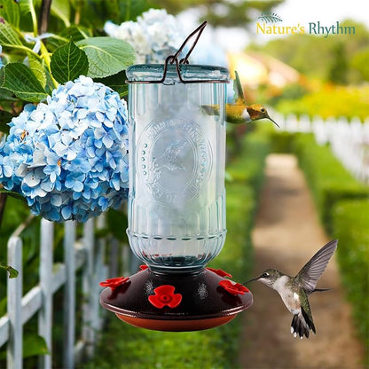 Nature's Rhythm Bird Feeder Vintage Blue Antique Glass Bottle Hummingbird Feeder 5 Feeding Ports and 23-Ounce Nectar CapacityPer Feeder(Blue)