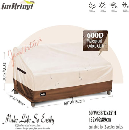 2-Seater Outdoor Couch Cover,60"Wx38"Dx35"H Inches Patio Loveseat Cover,100% Waterproof Heavy Duty Patio Sofa Covers,Patio Furniture Covers,Beige&Brown