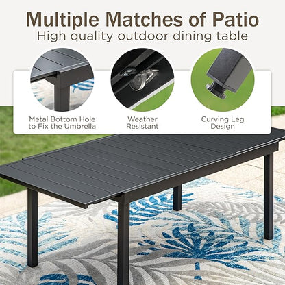 PHI VILLA 9 Piece Large Outdoor Dining Table Set for 8, Expandable Rectangular Steel Dining Table & Cushioned Rattan Wicker Chairs, Dining Furniture Set for Patio, Deck, Yard