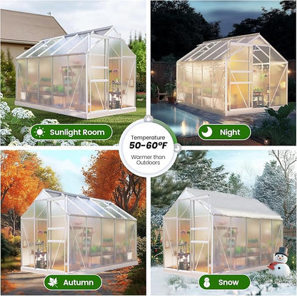 10x6ft Polycarbonate Greenhouse, Heavy Duty Walk-in Aluminum Greenhouse for Outdoors, with Ventilation Window, Sliding Door, Rain Gutter, Green House for Plants Backyard Silver