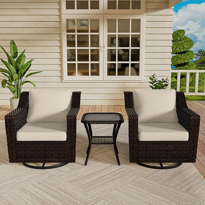 Vista Vibe 3 Pieces Outdoor Patio Conversation Furniture Set - 360 Degree Swivel Glider Rocker Chairs | Wicker End Table, Washable Cushions, Hand-Woven PE Rattan, Lawn, Sunroom (Brown/Beige)