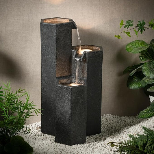 27.95" H Outdoor Water Fountain Made with Eco-Friendly Recyclable Materials, Polyethylene Cascading Waterfall Fountain, Garden Waterfall Decor with LED Light & Pump for Patio, Backyard