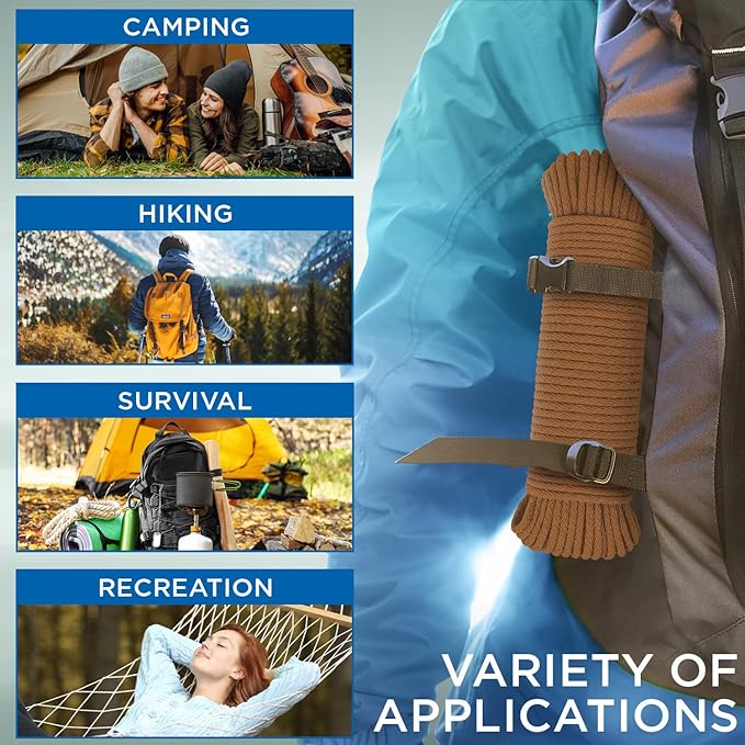 TECEUM Cotton Rope 3/16” (5 mm) – 50 FT – Strong All-Purpose Braided Rope – Natural Cotton – for Crafting, Сamping, Clothes Line, DIY, Indoor & Outdoor Use – Ochre