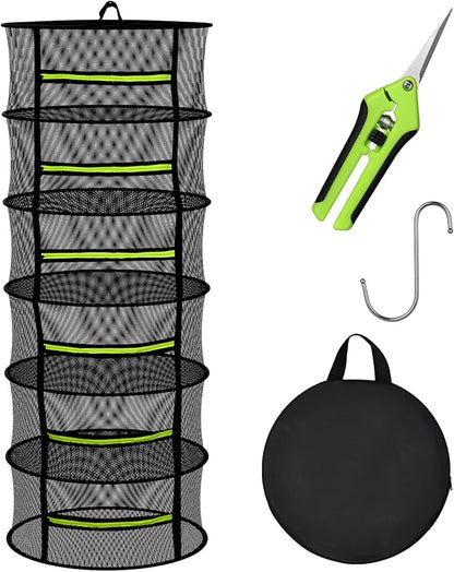 Herb Drying Rack with Mesh Design, Hanging Drying Rack with Green Zipper & Garden Pruning Shears – Versatile Plant Drying Solution (6 Layers)