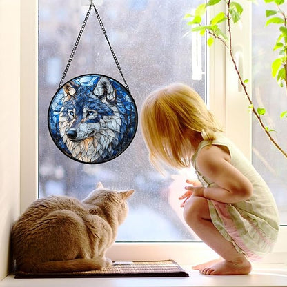 Stained Glass Window Hanging - Funny Wolf Suncatcher Ready to Hang Window Doors Home Decoration and Christmas, Mother's Day Birthday Gifts for Women, Men, and Mom 7.8x7.8 in