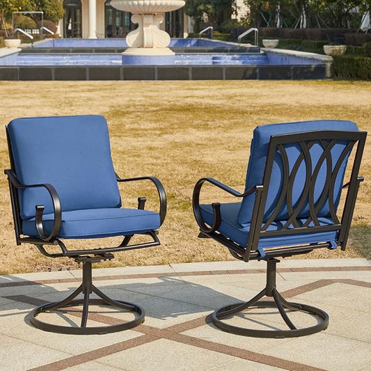 MELLCOM Patio Swivel Chair Set of 6, Heavy Duty Outdoor Dining Chairs with Thickened Cushions, Metal Patio Chairs Gentle Rocker for Outside, Blue