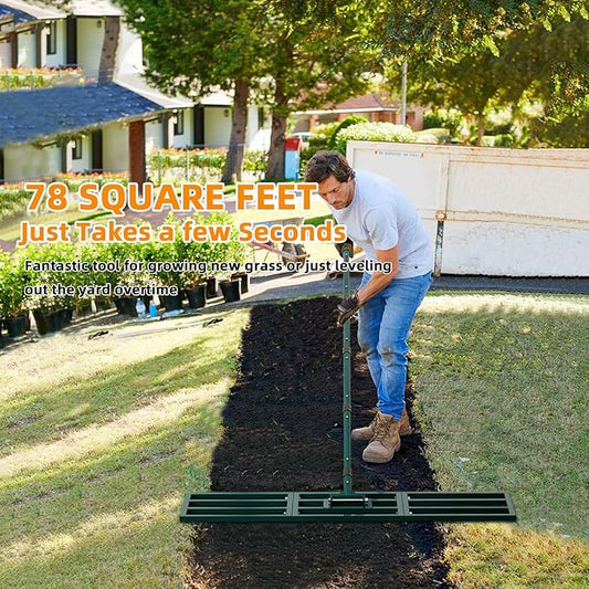 Lawn Leveling Rake Heavy Duty Stainless Steel Lawn Leveler Tool 45”x10” with 78” Adjustable Long Handle Yard Level Rake for Soil, Ground,Backyard Dressing,Golf Field,Garden Tools Grass Seed
