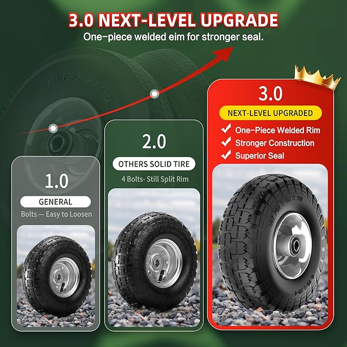 4.10/3.50-4 Tire and Wheel Flat Free,10-Inch Solid Wheel Replacement with 5/8 Bearings,2.2" Offset Hub -Compatible with Hand Truck,Wheelbarrow,Dolly(Gray)
