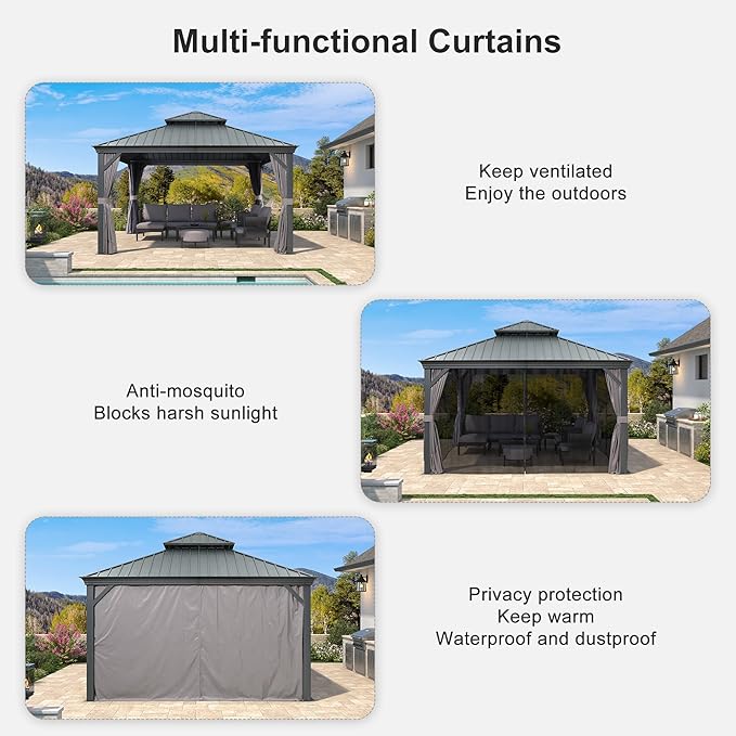 PURPLE LEAF 13' X 13' Gazebo with Galvanized Steel Hardtop Roof Patio Gazebo for Outdoor Lawn and Garden Permanent Pavilion Grey