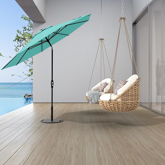Midtown Umbrellas The Swilt 8 Feet Patio Umbrella in Sunbrella Aruba Acrylic Fabric - Fiberglass Ribs, Auto-Tilt Aluminum Frame For Backyard, Deck, Garden, Pool - White Pole